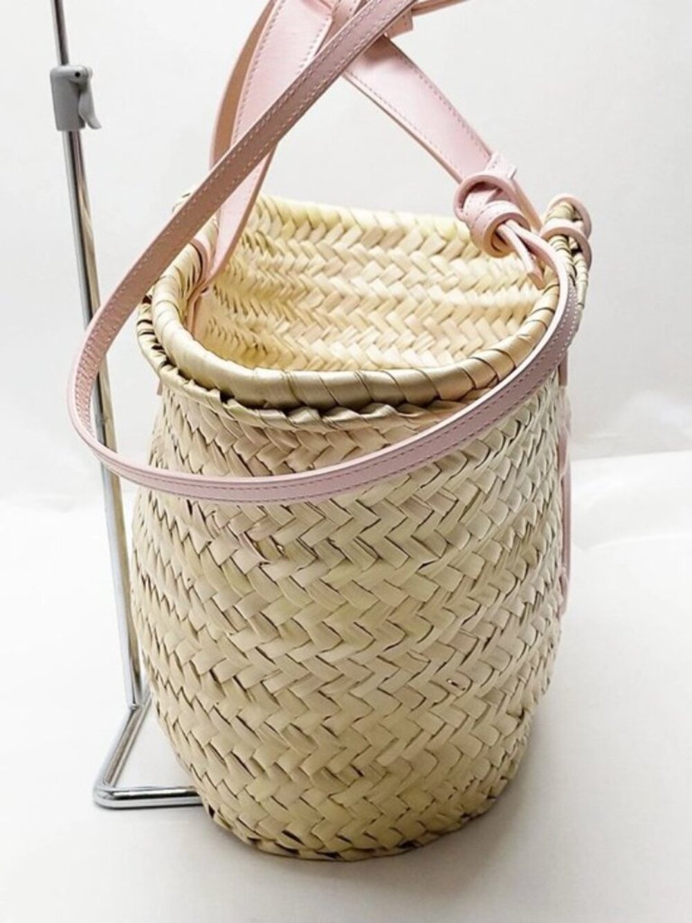 Authentic Celine Triomphe Straw Basket Bag Pink Leather Trim Summer Tote Woven - Picture 5 of 16